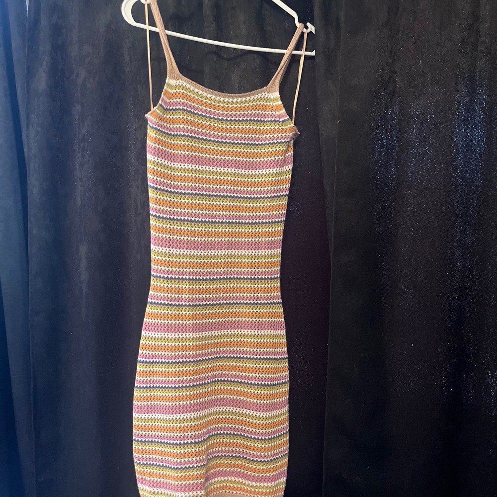 Olive + Oak Womens Crochet Knit Striped Mini Dress Multi Color XS 4S51513 NWT